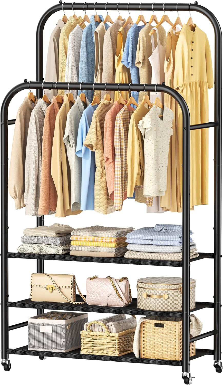 HOMIDEC Clothes Rack,Double Rods Clothing Rack with 3 Tier Shelve&Wheels