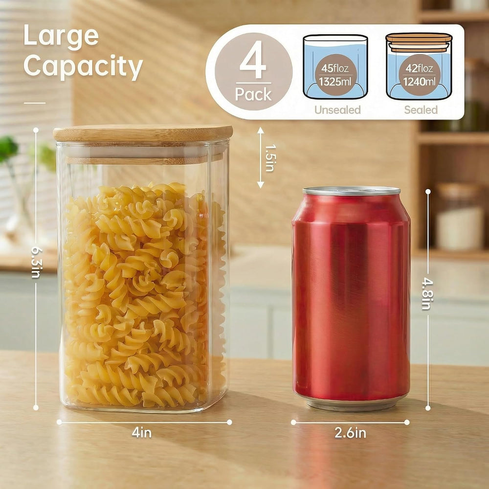 42 oz Square Glass Food Storage Containers with Airtight Bamboo Lids, 4Pack