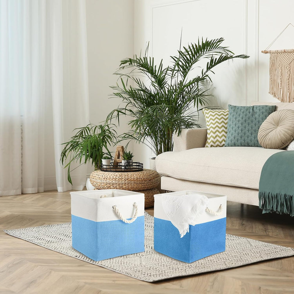 6 Pack 11x11 Inch Blue Cube Storage Bins Fabric Square Cube Baskets Handle