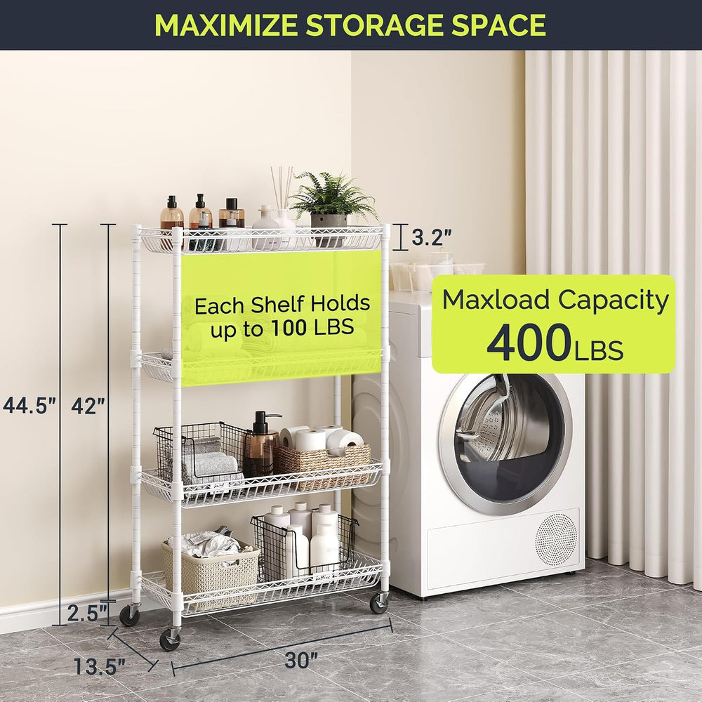 4-Tier Rolling Storage Shelves with Wire Baskets,30x13.5x44.5in