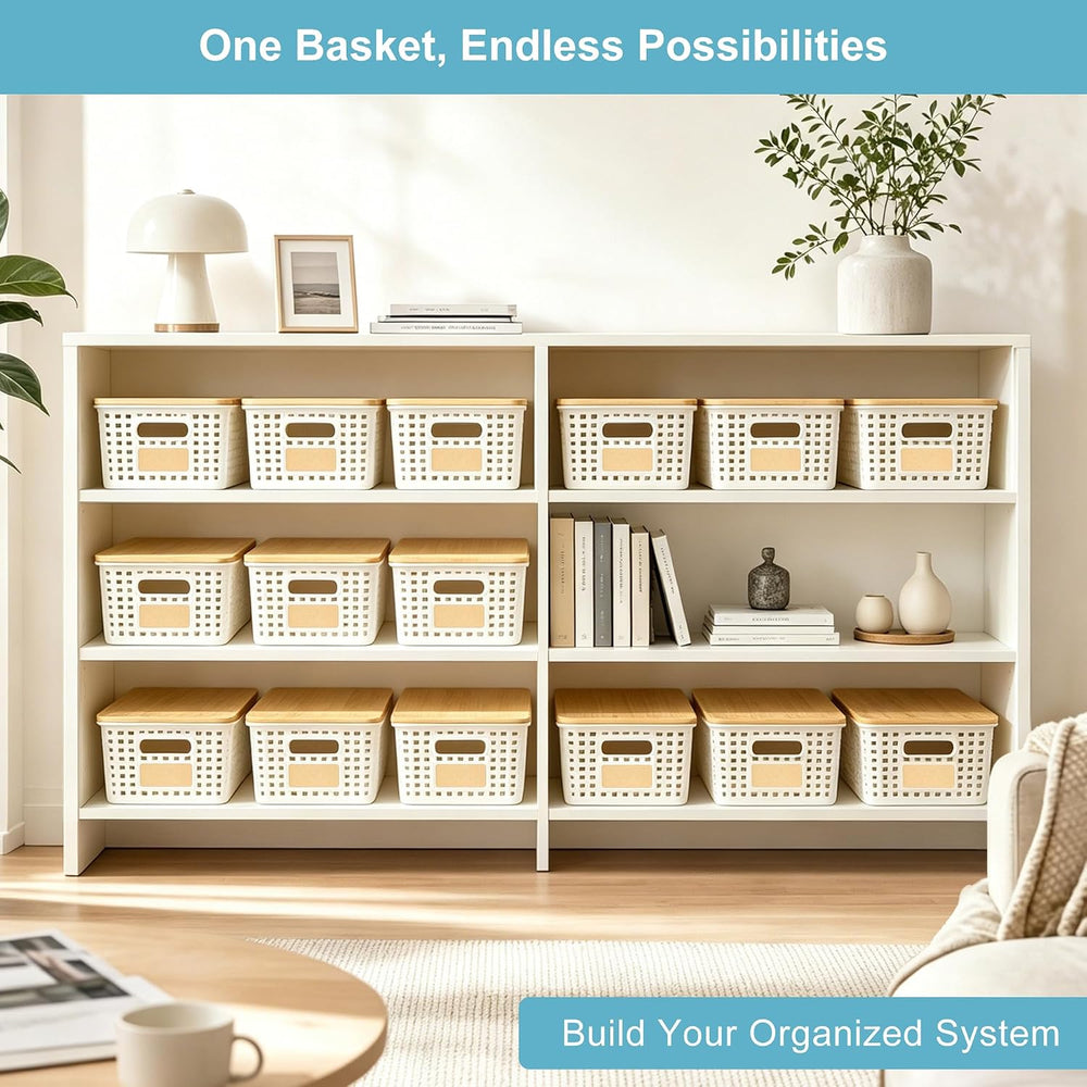 Bagnizer Small Plastic Storage Bins with Bamboo Lids 5.2qt Stackable Box Bask...