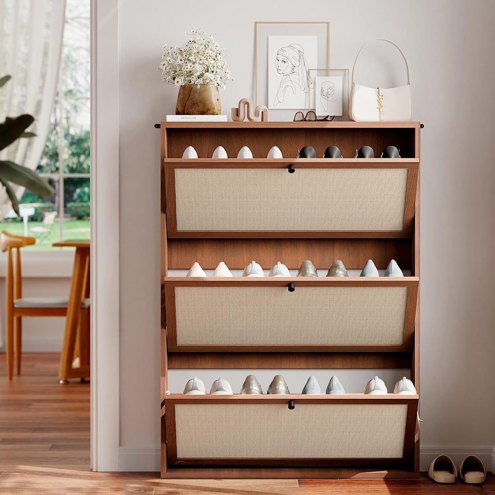 AVZEAR Narrow Shoe Storage Cabinet for Entryway with Natural Linen Panel, Fre...