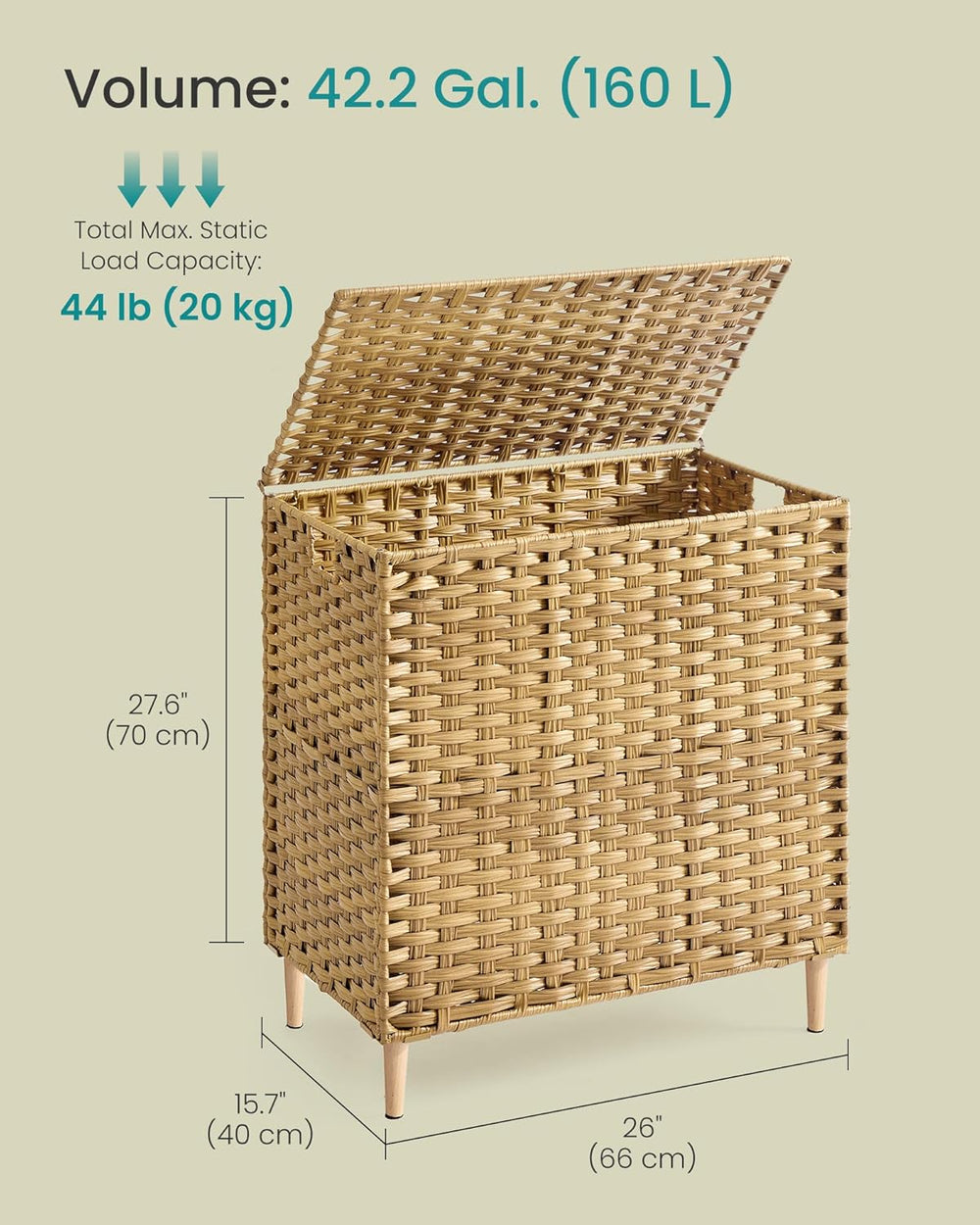 SONGMICS 3-Section Laundry Hamper with Lid, PE Rattan, 42 Gallons (160 L)