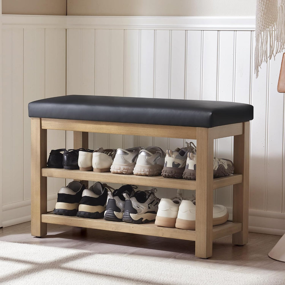 Zihanhome Shoe Rack Bench with Leather Cushion, 2 Tier Solid Wood Storage Ben...