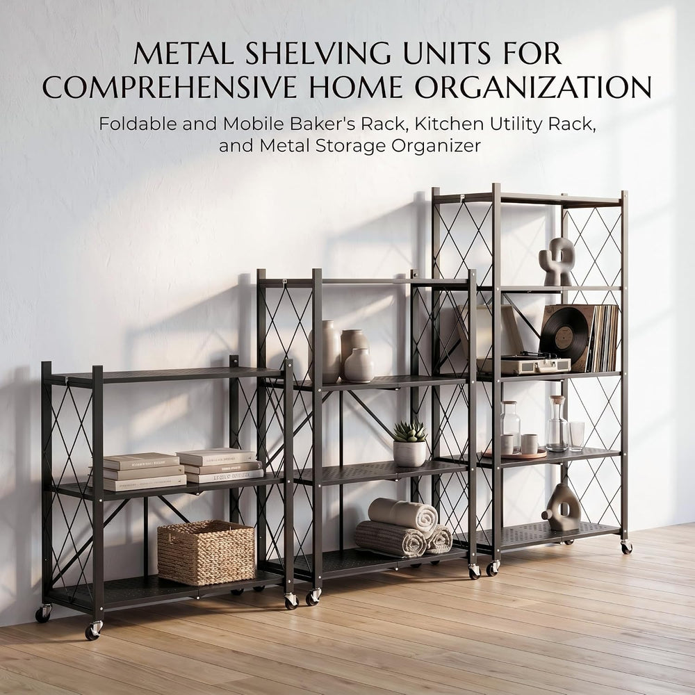 3-Tier Foldable Storage Shelves with Wheels (Black)