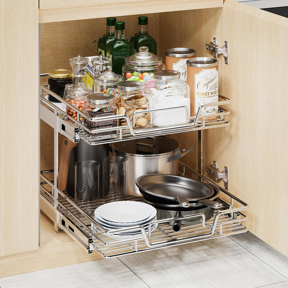 2-Tier Kitchen Cabinet Pull Out Shelf and Drawer Organizer Slide Out Pantry S...