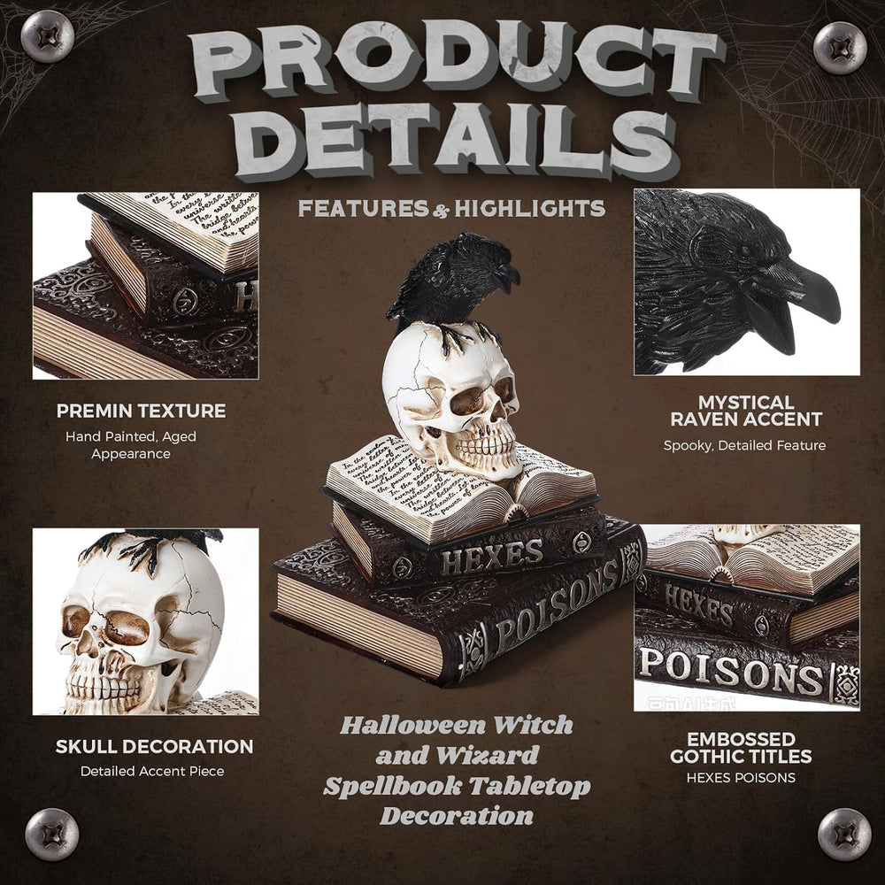 Canchiing Halloween Witch Spellbook Decor Skull Raven Mantel Tabletop Decor