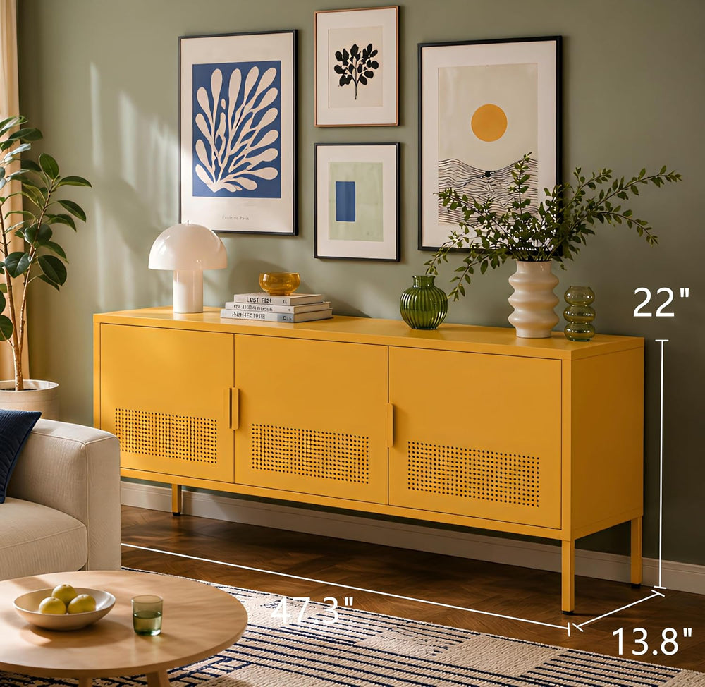 Yellow 47.3" Wide 3 Door Metal TV Stand, 2-Tier Storage Cabinet with Adj...