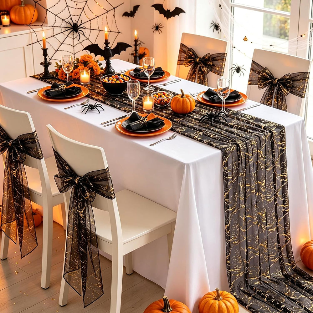 Halloween Black Table Runner Gold Party Decorations 10ft 3pcs Gauze Tulle