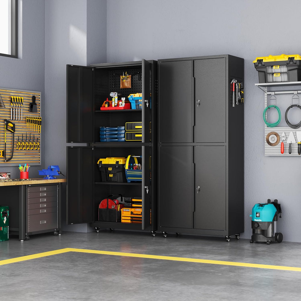 Garage Storage Cabinets System, 3-Pcs Workshop Cabinet Set in Black, Locked G...