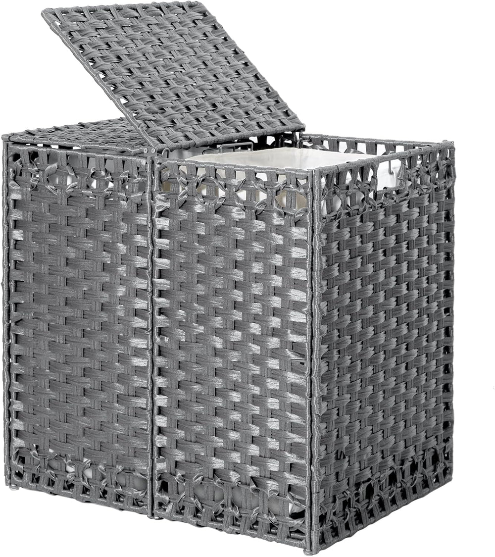 170L Foldable Laundry Hamper with Lid - Handwoven Rattan Storage Basket, 2-Se...