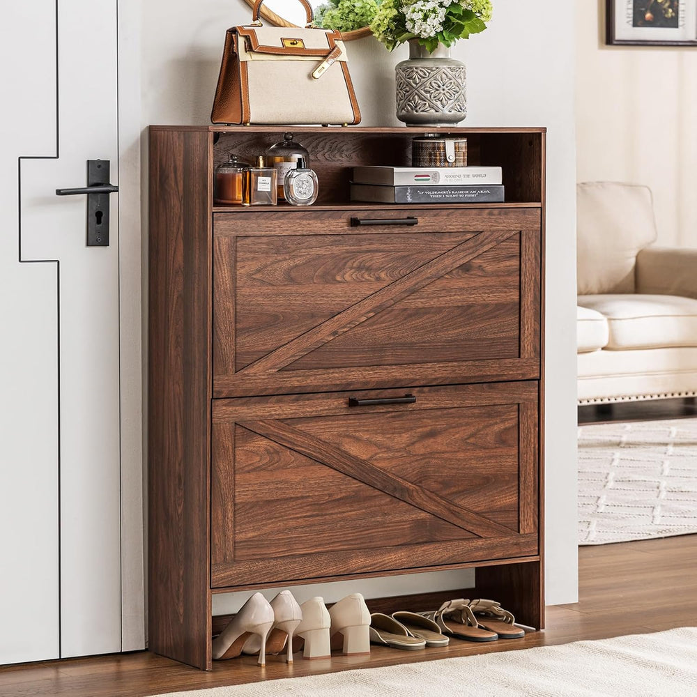 RWYHG Shoe Cabinet with 2 Flip Drawers, Narrow Entryway Organizer,Walnut