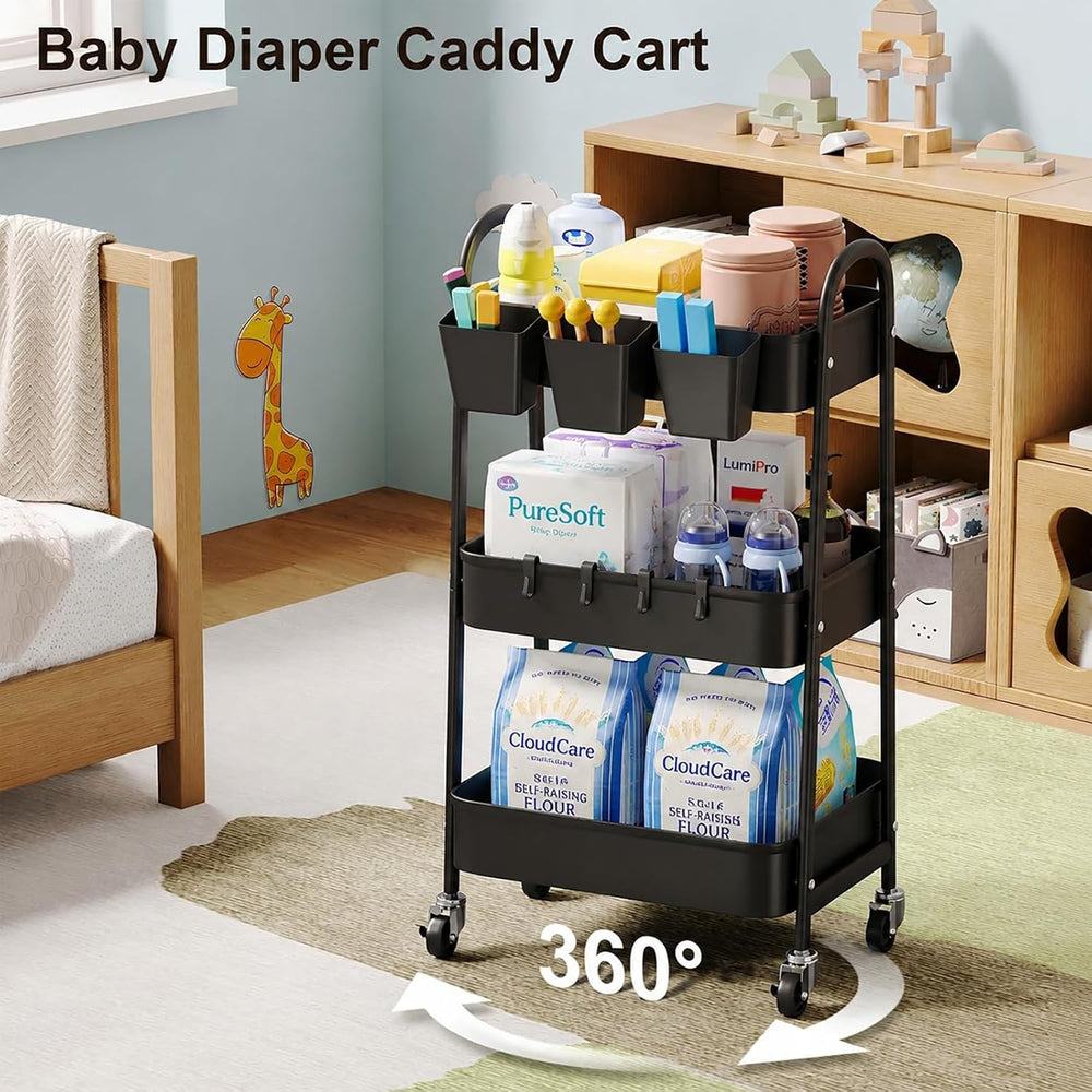 3 Tier Metal Rolling Cart with Lockable Wheels,Black Three Tiered Art Carts