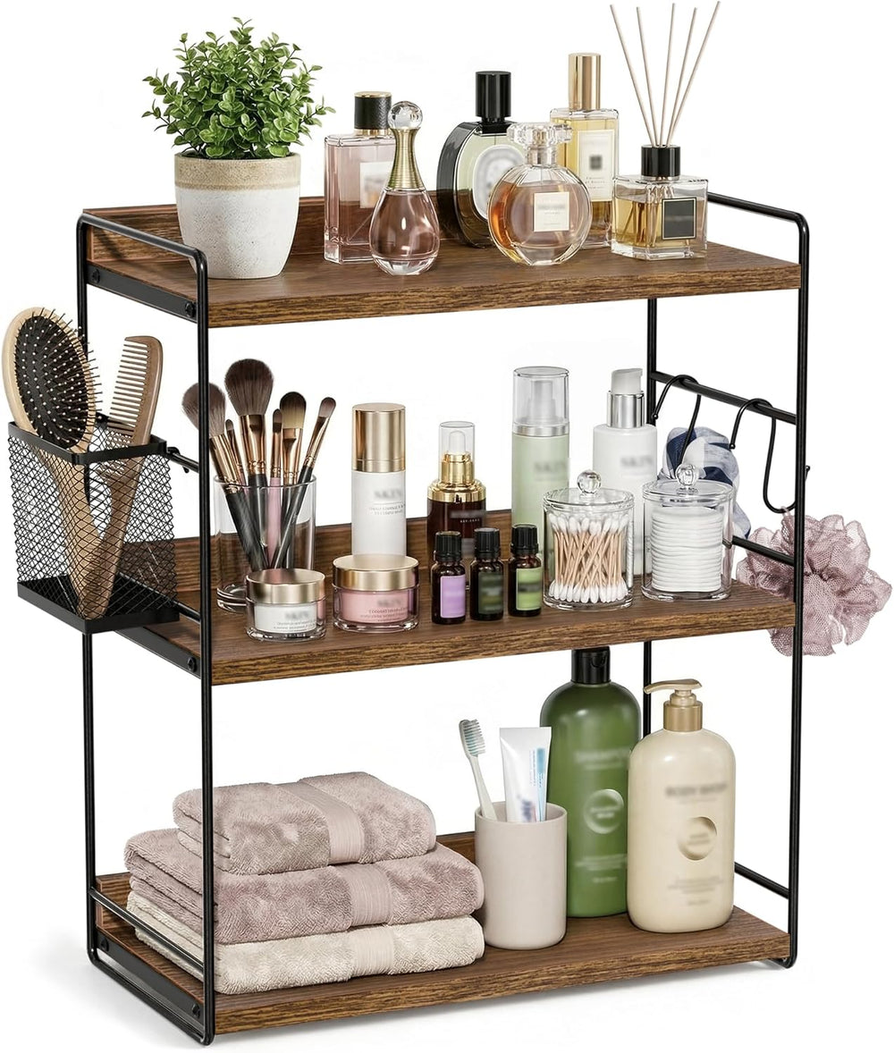 3-Tier Bathroom Counter Organizer and Storage with Basket, Brown