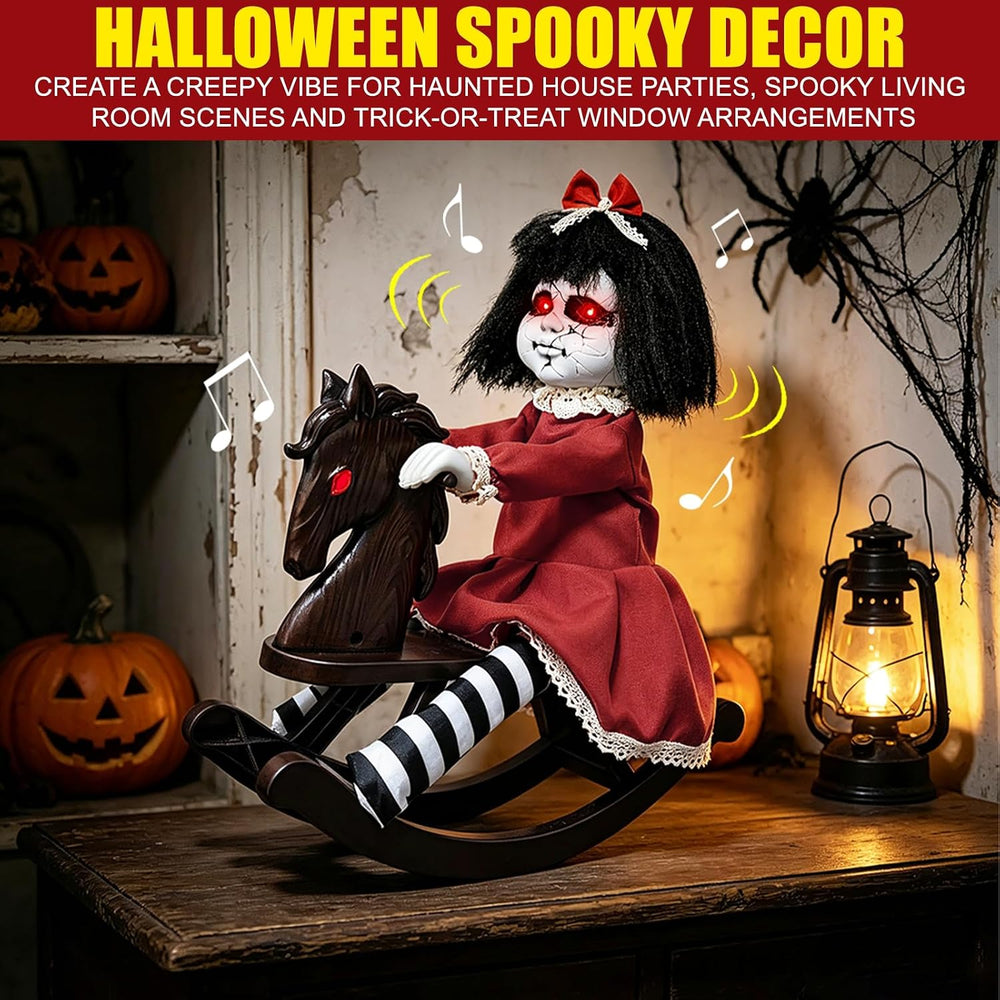 Halloween Animatronic Decorations Girl Doll on Rocking Horse with Lights