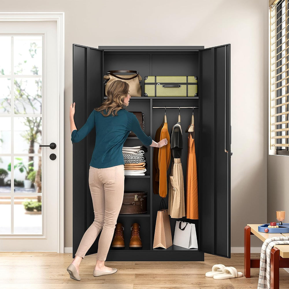 Wide & Deep Metal Storage Cabinet with Hanging Rod,Black Broom Closet Sto...