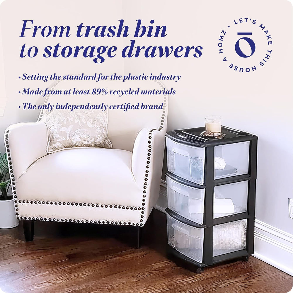 Homz 3 Drawer Plastic Storage Cart Organizer, Clear Drawers, Black Frame
