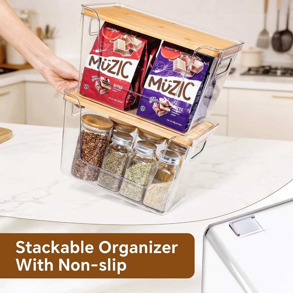 2 Set Pantry Organizers and Storage with Bamboo Lids, Stackable Clear Bins fo...