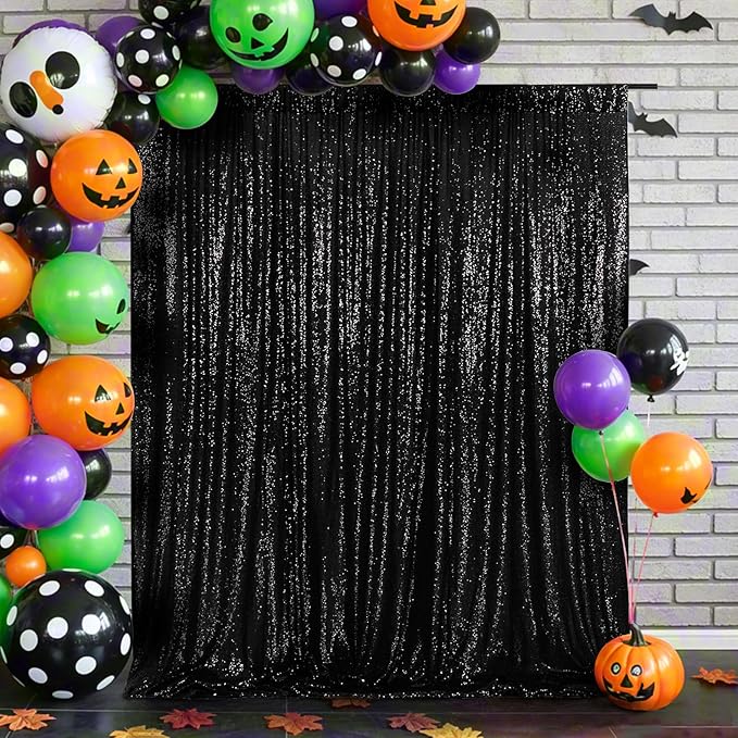 Eternal Beauty Black Sequin Backdrop, 7x7 Ft Halloween Glitter Background Cur...