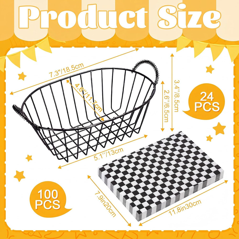 24 Pack Metal Bread Basket Set with 100 Plaid Liners Wire,Black
