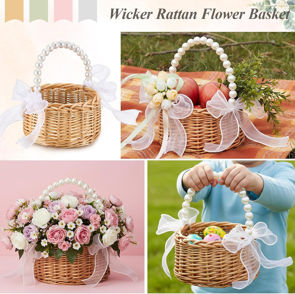 Thyle 4 Sets Wicker Rattan Flower Girl Basket with Wrist Corsage, Champagne