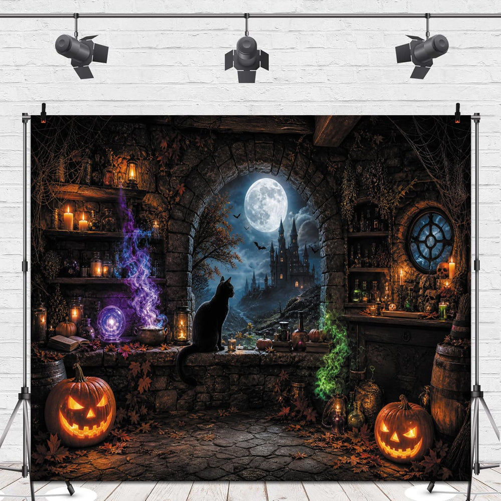 10x8ft Halloween Magic Moon Night Witch Cat Castle Photography Backdrop