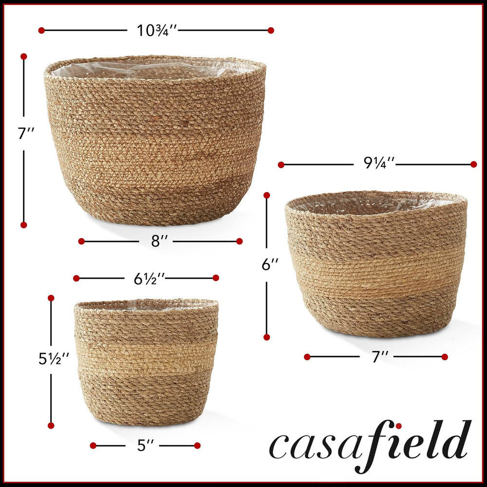 Casafield Set of 3 Seagrass Planter Baskets with Liners - Two-Tone, Hand Wove...