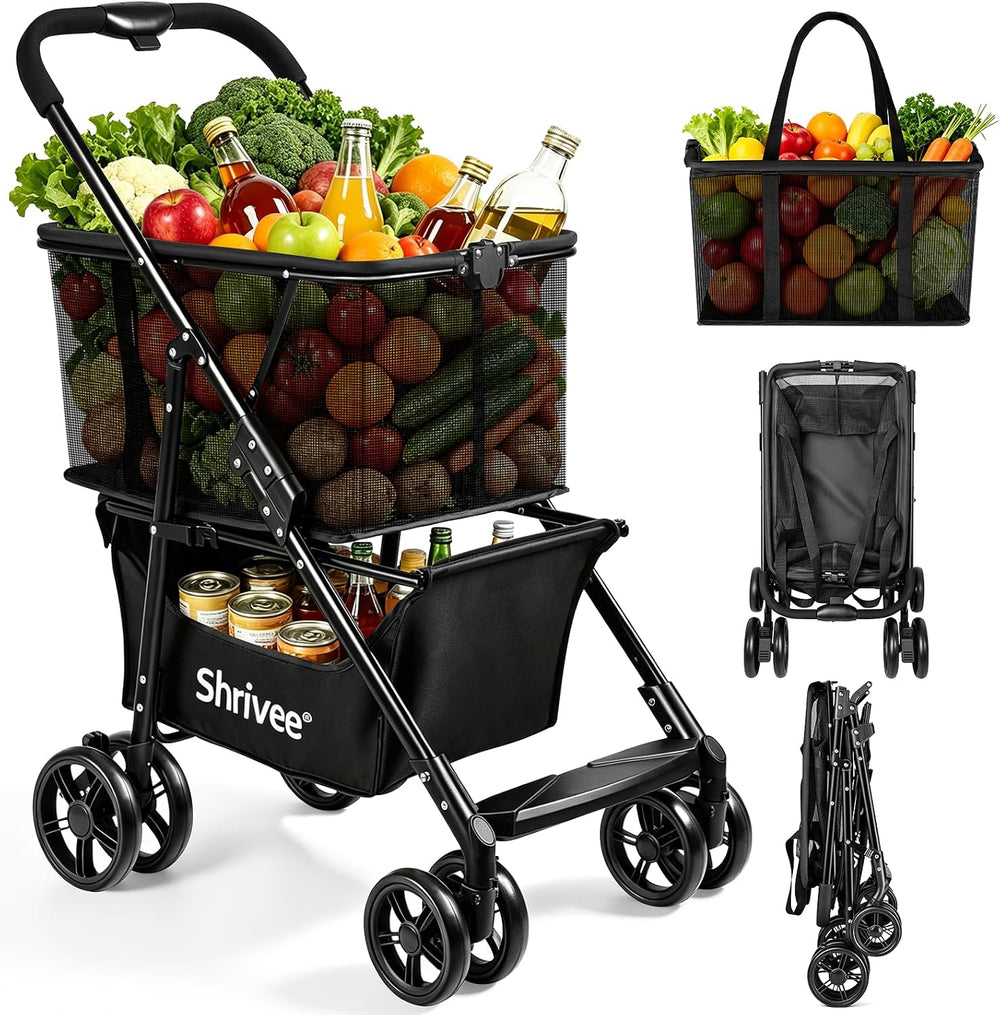 2 Tier Folding Shopping Cart with Removable Mesh Basket, Black