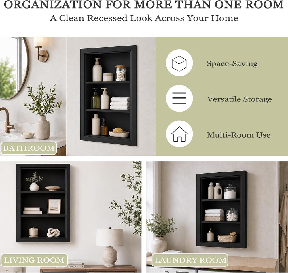 14" x 24" Recessed Medicine Cabinet with 3-Tiers Shelves, Solid Woo...