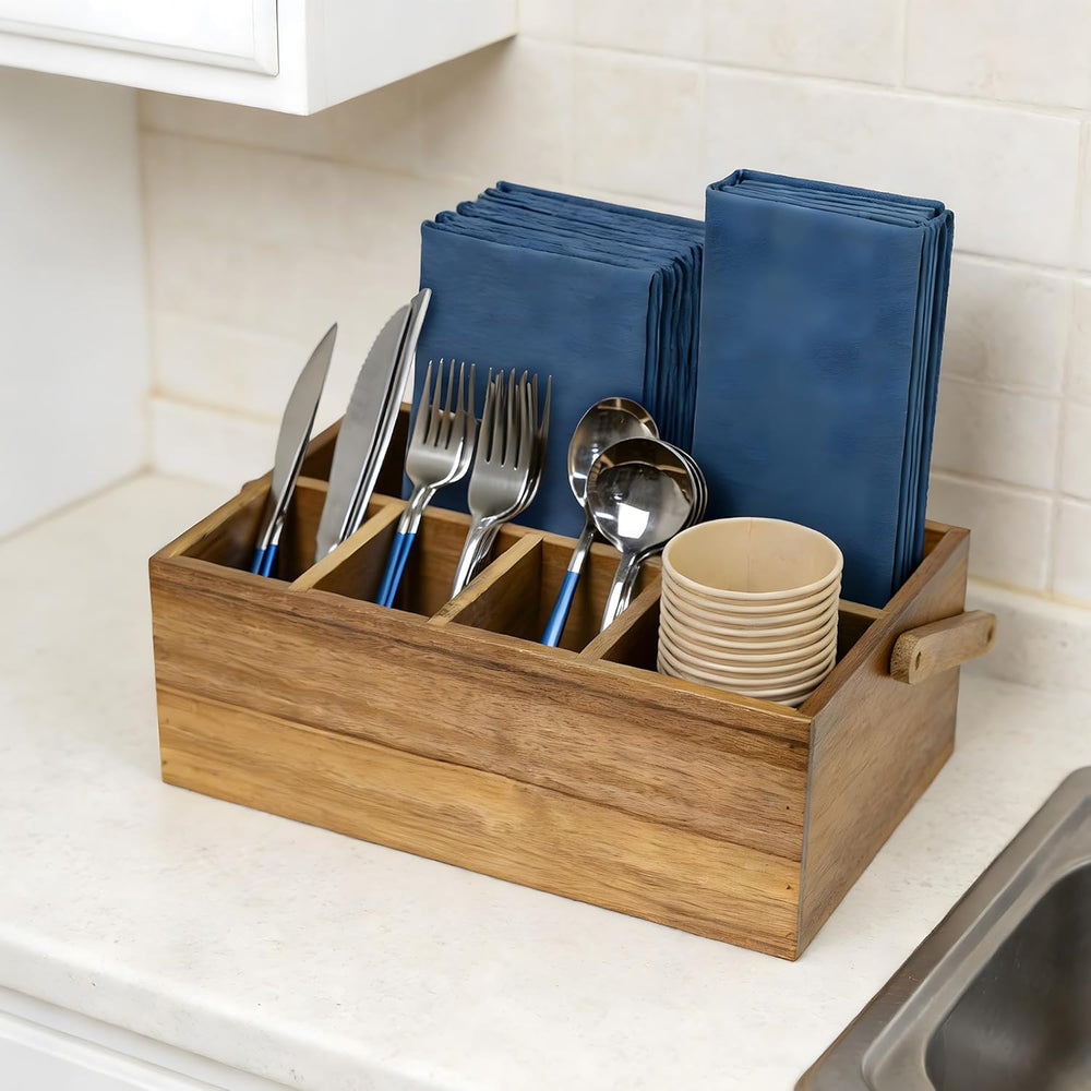VaeFae Acacia Silverware Caddy, Utensil Holder with Handle, Large