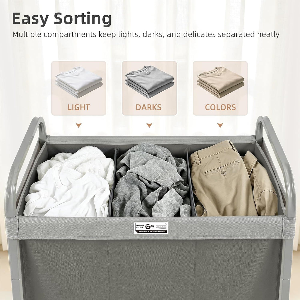 STORAGE MANIAC Laundry Hamper 3 Section with Lid Rolling Laundry Basket