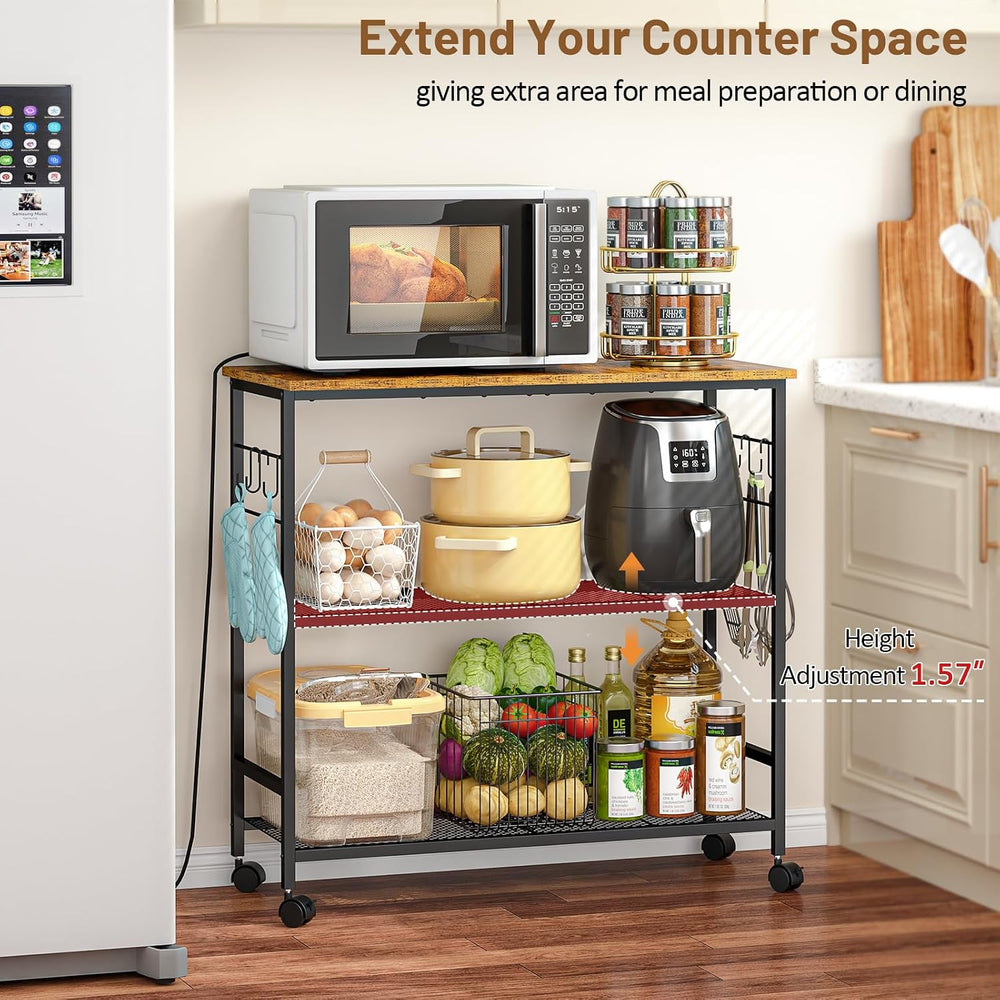 3 Tier Rolling Kitchen Microwave Cart, 33 Inch Microwave Table Stand with Adj...