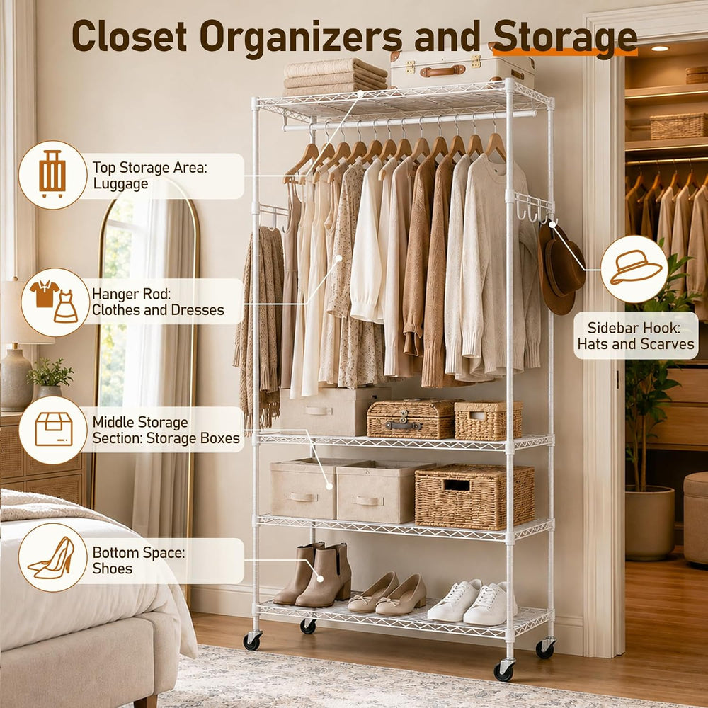 Rolling Clothes Rack for Portable Closet Organizers and Storage