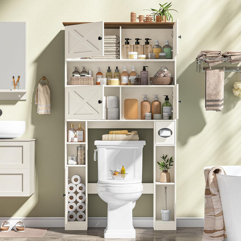 Over The Toilet Storage Cabinet, Farmhouse Storage with Doors, Rustic White