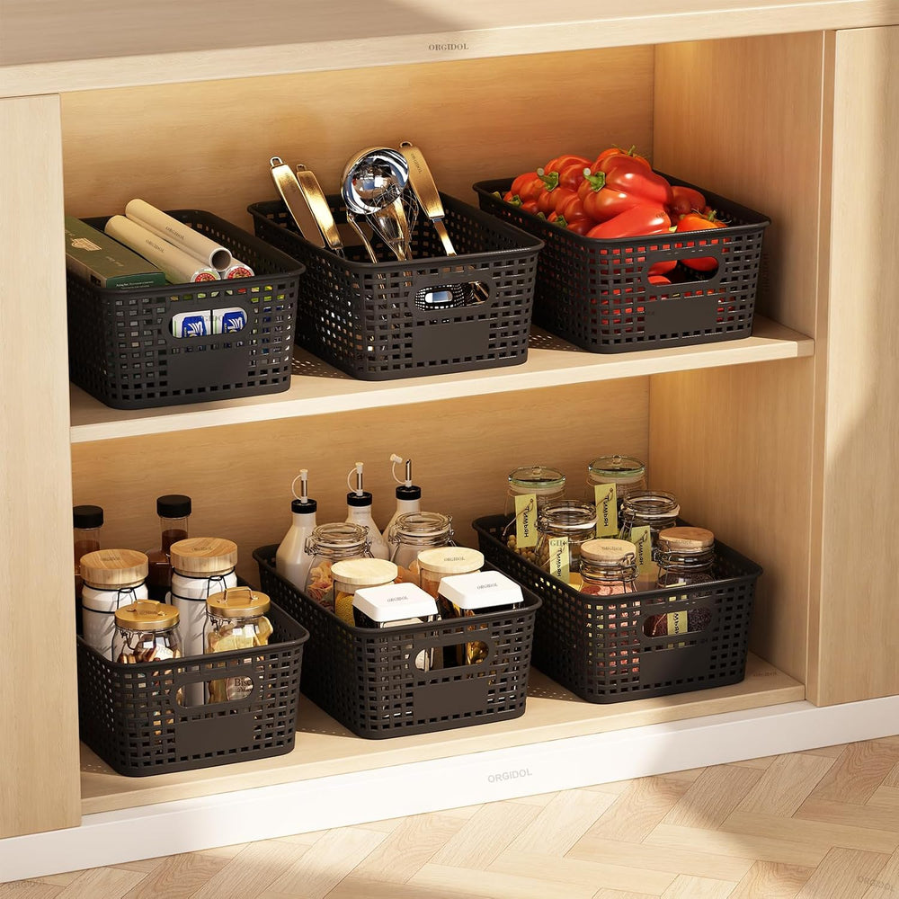 Black Plastic Storage Baskets for Organizing, 12 Pack