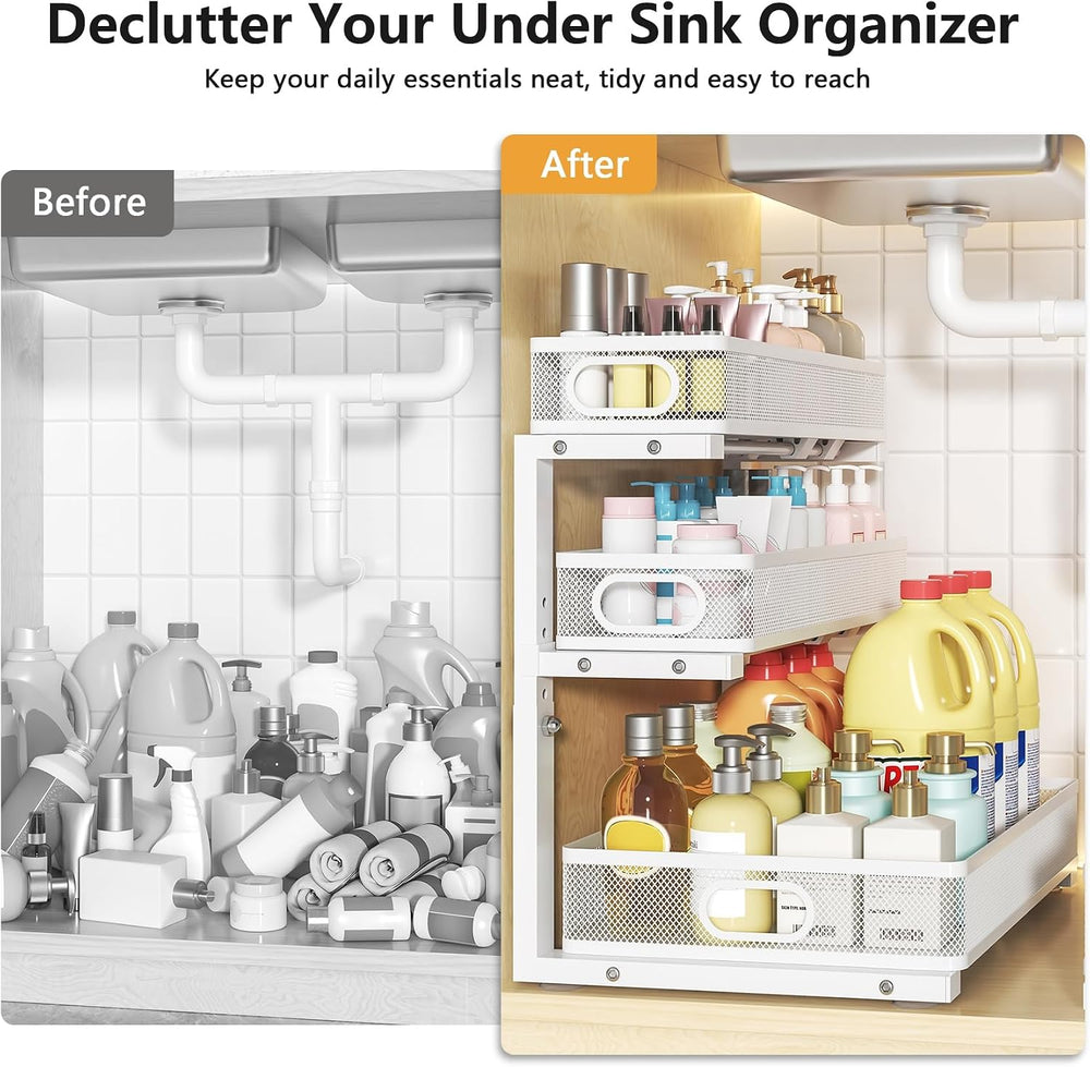 3-Tier Under Sink Organizer, Slide Out Drawer Rack, White, 2 Pack