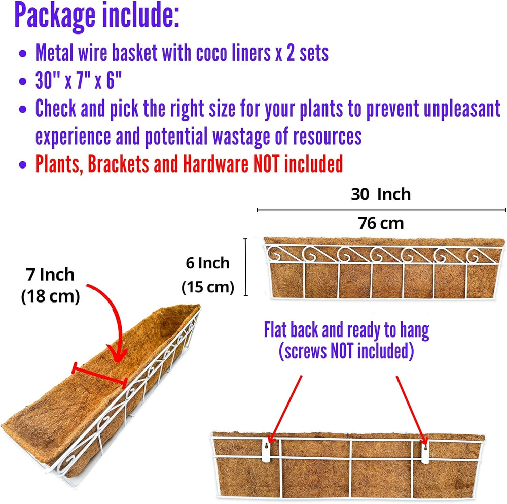 LaLaGreen Fence Window Box (30 in, 2 Pack) White Metal Trough Planter