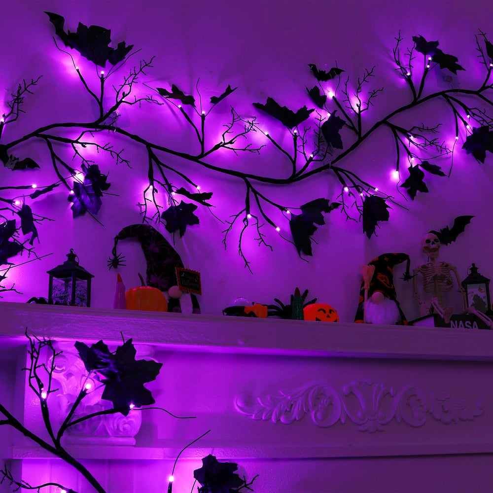 9 FT 72 LED Willow Vine Twig Decor Black Halloween Garland with Purple Lights...