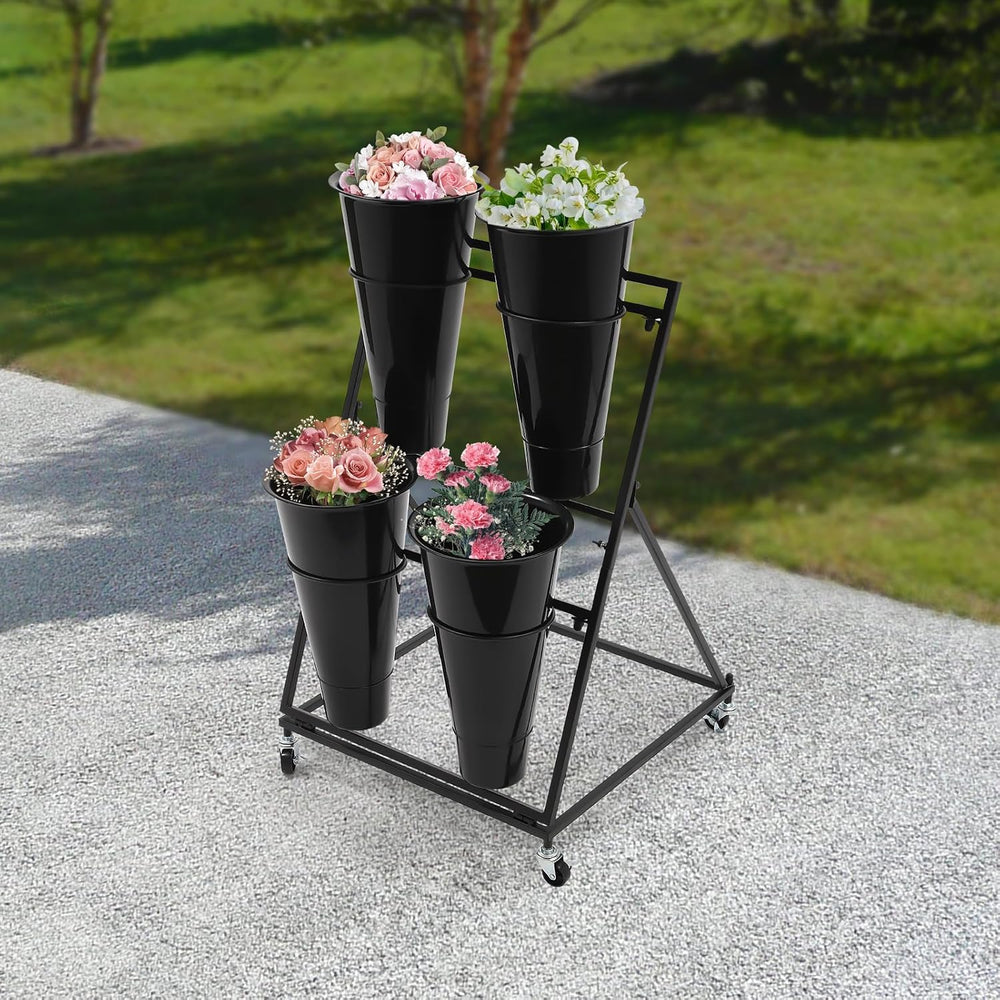 Flower Display Stand with 4pcs Buckets 2 Tier Flower Bar Movable Florist Bouq...