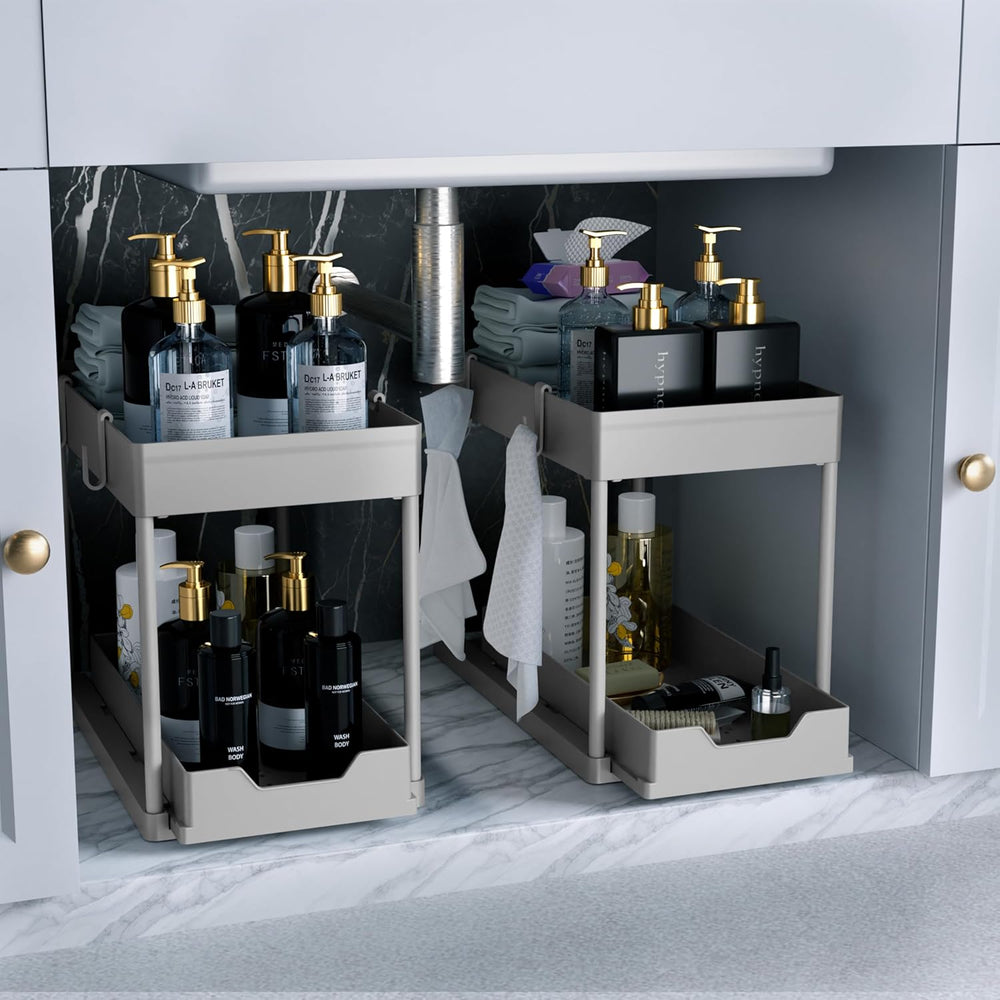 DEKAVA 2 Pack Under Sink Organizer, 2-Tier Sliding Cabinet Basket, Grey