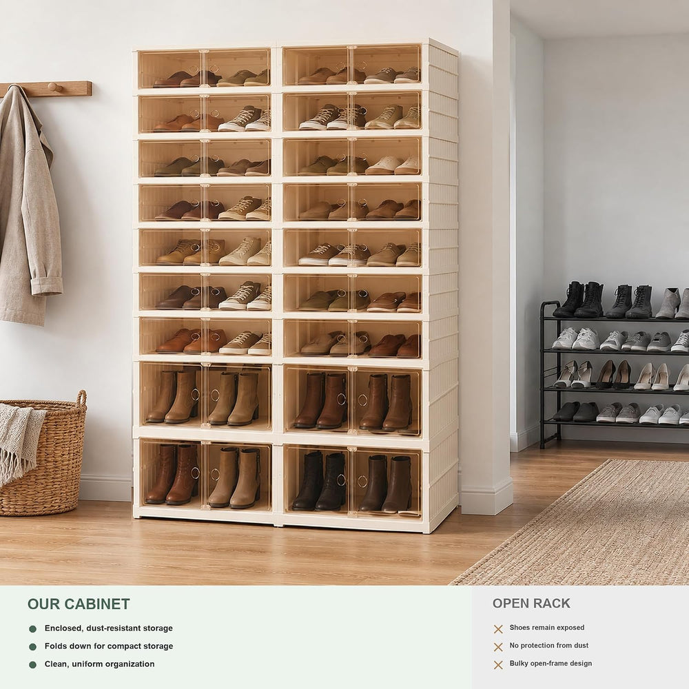 Extra Wide Foldable Shoe Rack with Clear Doors, 9-Tier Shoe Organizer