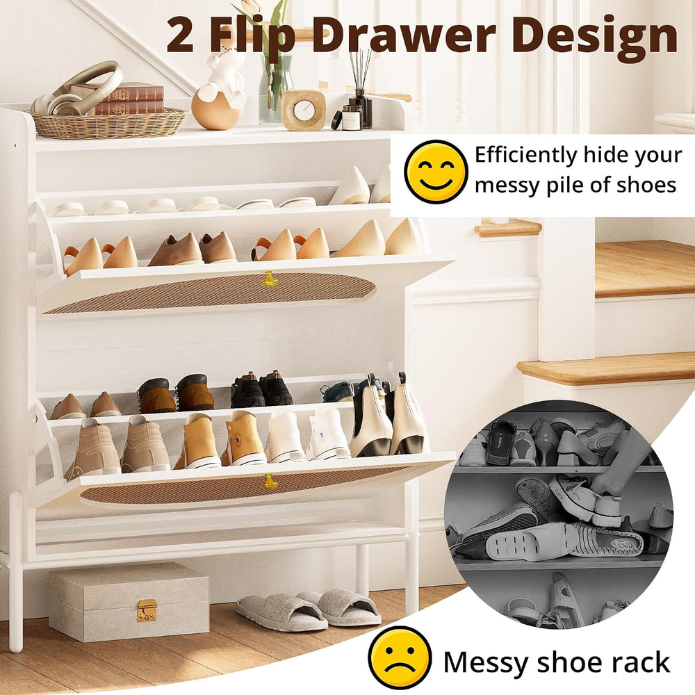 IRONCK Rattan Shoe Cabinet Storage with 2 Flip Drawers, White