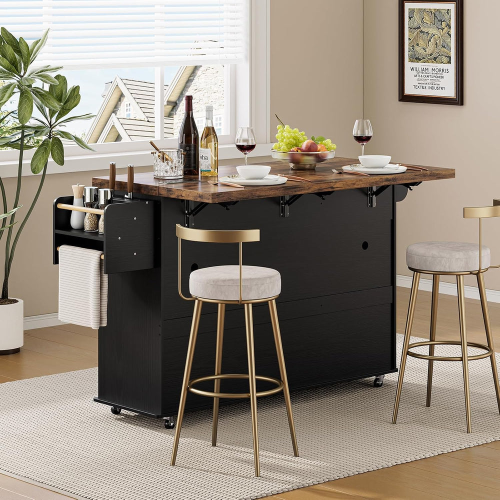 60" Kitchen Island with Drop Leaf & Trash Can Storage, Black