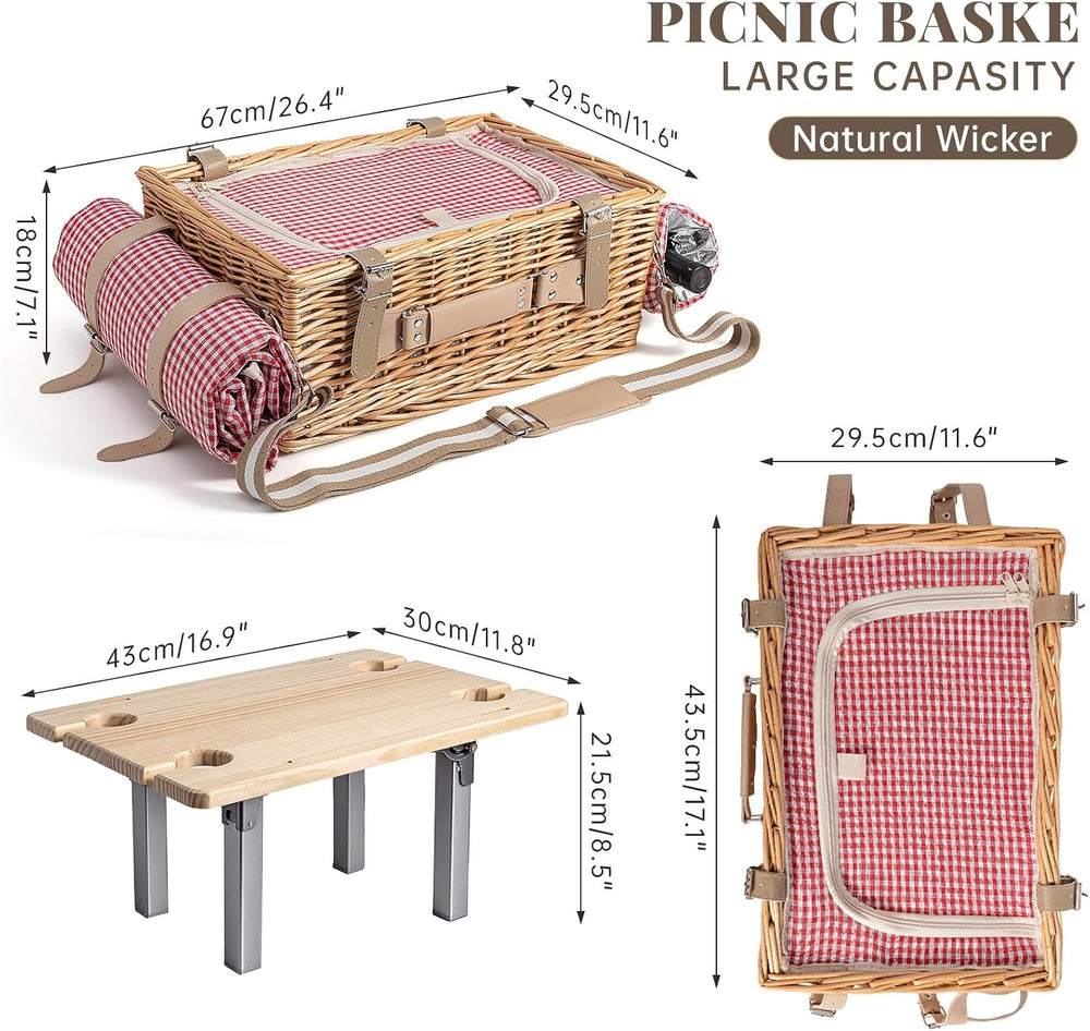 Wicker Picnic Basket Set for 4 with Detachable Table, Portable Utensil Bag