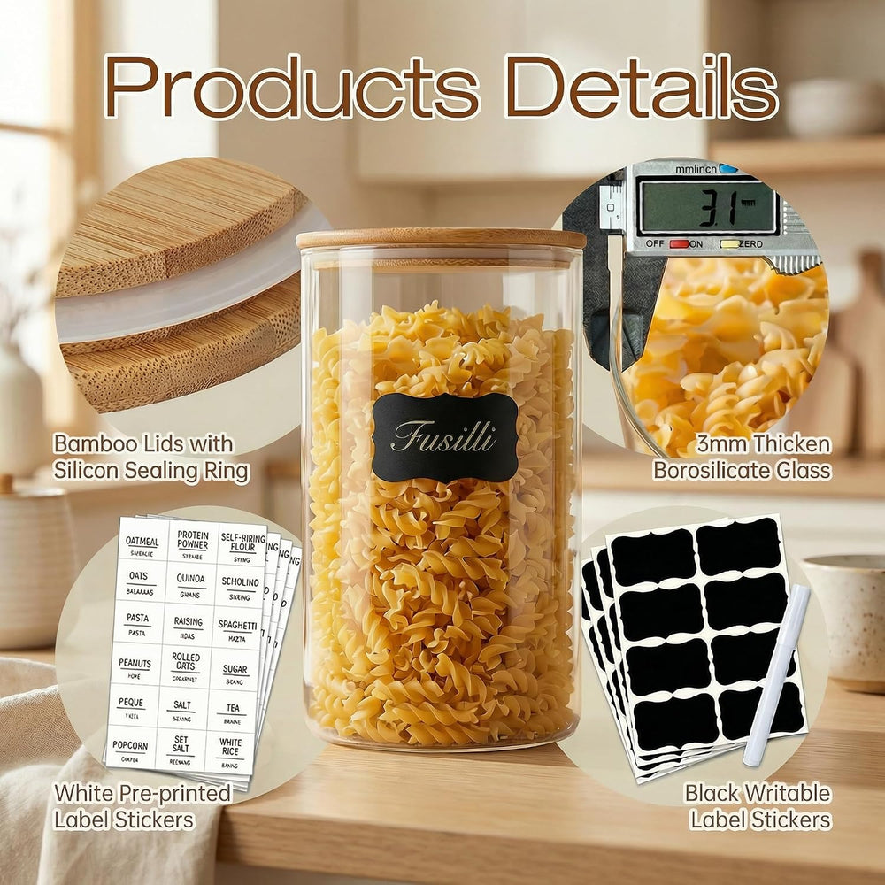 Round Glass Storage Containers with Bamboo Lids for Pasta & Flour, 5 Pack