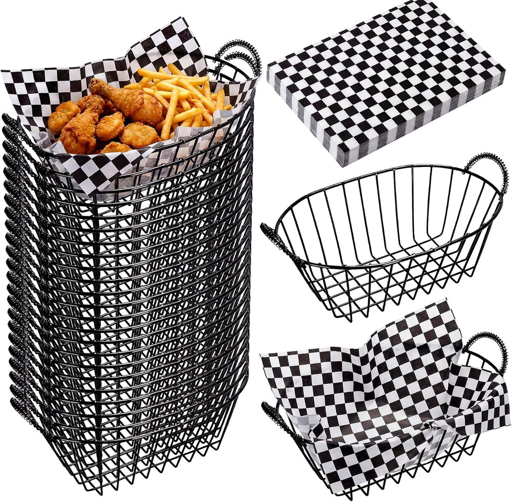 24 Pack Metal Bread Basket Set with 100 Plaid Liners Wire,Black