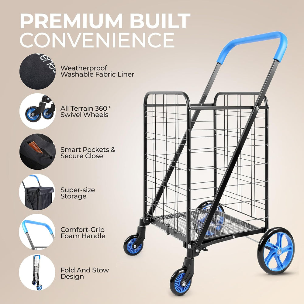 SereneLife Small Compact Folding Shopping Cart with Removable Waterproof Line...