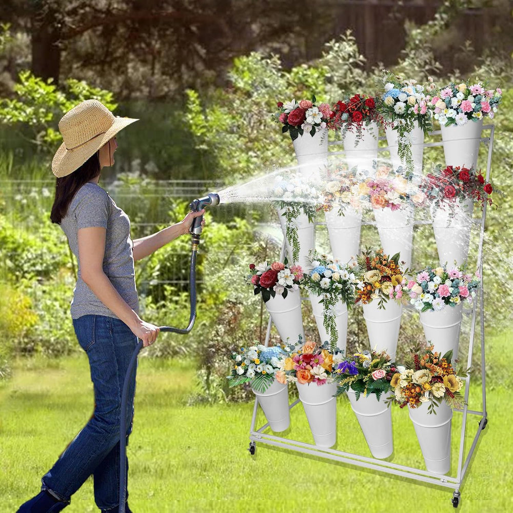 Flower Display Stand, 4 Tier Heavy Duty Moving Plant Cart Shelf with 16 Bucke...