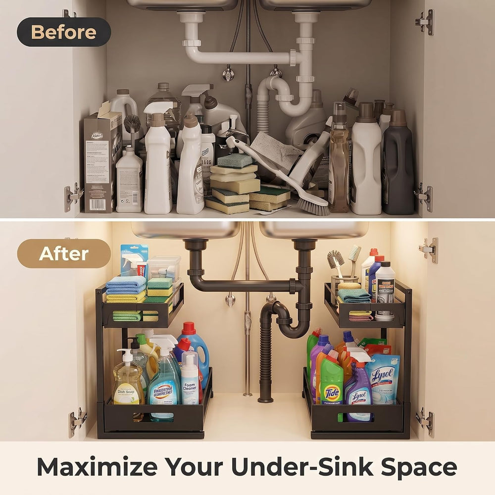 Under Sink Organizer Adjustable Height L Shaped Pull Out Cabinet Organizer