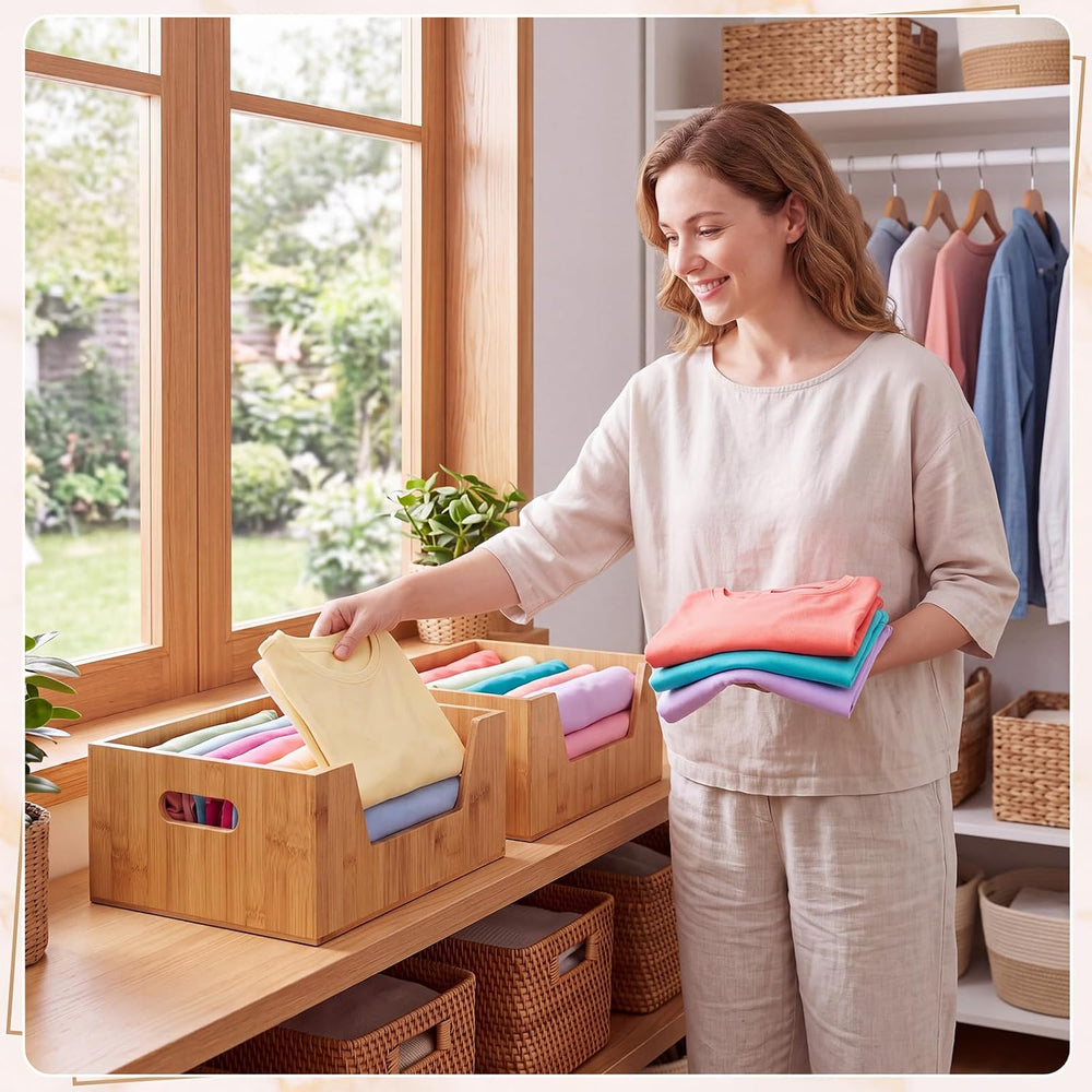 2 Pcs Stackable Bamboo Pantry Storage Bins for Kitchen Storage